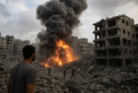 Ilustrasi Ledakan di Jalur Gaza pasca serangan udara Israel, Rabu (29/10/2025). | ChatGpt