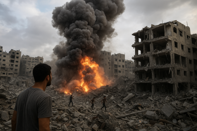Ilustrasi Ledakan di Jalur Gaza pasca serangan udara Israel, Rabu (29/10/2025). | ChatGpt