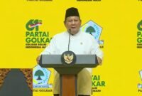 Presiden Prabowo Subianto menyampaikan pidato pada Puncak HUT Ke-61 Partai Golkar di Jakarta, Jumat (5/12/2025). (Istimewa/Wawassannews)