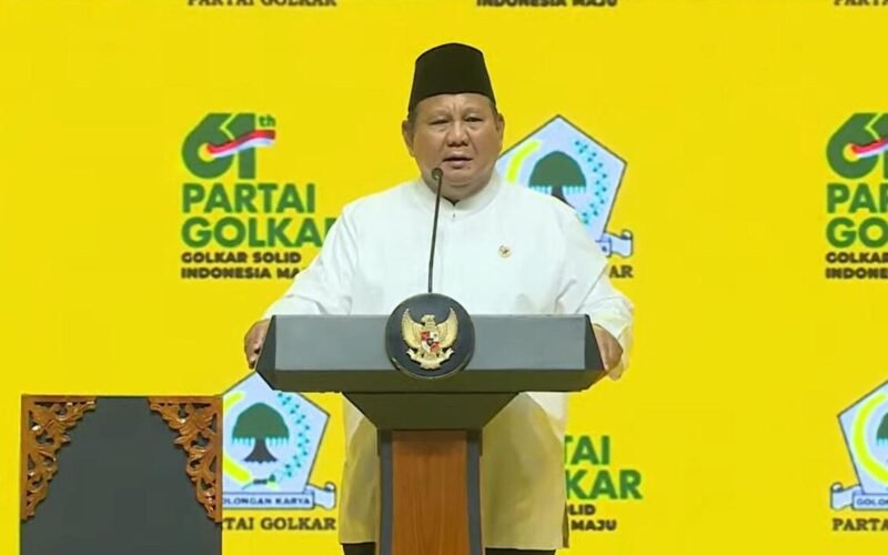 Presiden Prabowo Subianto menyampaikan pidato pada Puncak HUT Ke-61 Partai Golkar di Jakarta, Jumat (5/12/2025). (Istimewa/Wawassannews)