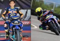 Pembalap nasional Awhin Sanjaya saat tampil bersama motor balapnya (kiri) dan aksi di lintasan (kanan). Awhin dikenal sebagai salah satu talenta terbaik balap motor Indonesia sebelum wafat akibat kecelakaan di Zabaq National Circuit, Jambi, Minggu (14/12/2025). (Istimewa/Wawasannews)