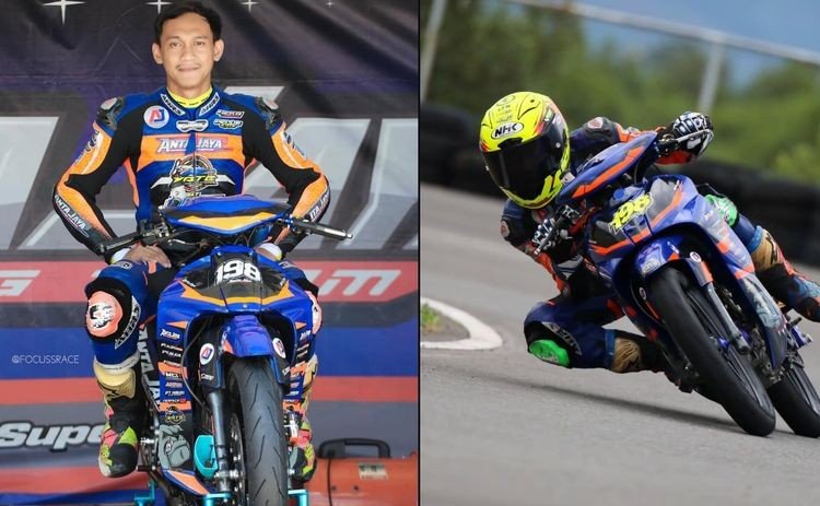 Pembalap nasional Awhin Sanjaya saat tampil bersama motor balapnya (kiri) dan aksi di lintasan (kanan). Awhin dikenal sebagai salah satu talenta terbaik balap motor Indonesia sebelum wafat akibat kecelakaan di Zabaq National Circuit, Jambi, Minggu (14/12/2025). (Istimewa/Wawasannews)