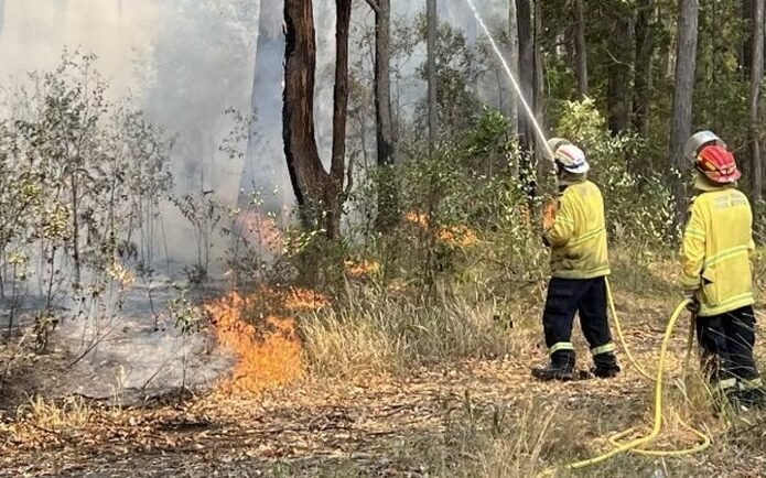 Petugas pemadam kebakaran dari Dinas Taman Nasional dan Satwa Liar di darat dekat titik kebakaran Bulahdelah. (Istimewa/Wawasannews)