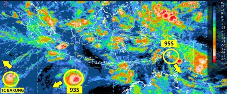 Tiga titik Siklon Tropis Bakung, 93s dan 95s, Kamis. ( istimewa/wawasannews )