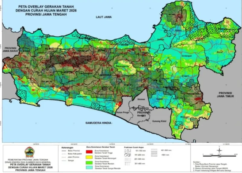 Peta potensi tanah bergerak dan/longsor di wilayah Provinsi Jawa Tengah pada bulan Maret 2026. Wawasannews/HO-Dinas ESDM Jateng