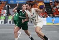 Pemain timnas bola basket 3x3 putri Indonesia Angelica Jennifer membawa bola untuk melewati adangam pemain Makau dalam pertandingan Grup C Asian Beach Games Sanya 2026, di Sanya Sport Centre Gymnasium, China, Senin (27/4/2026) siang. (Istimewa/Wawasannews)