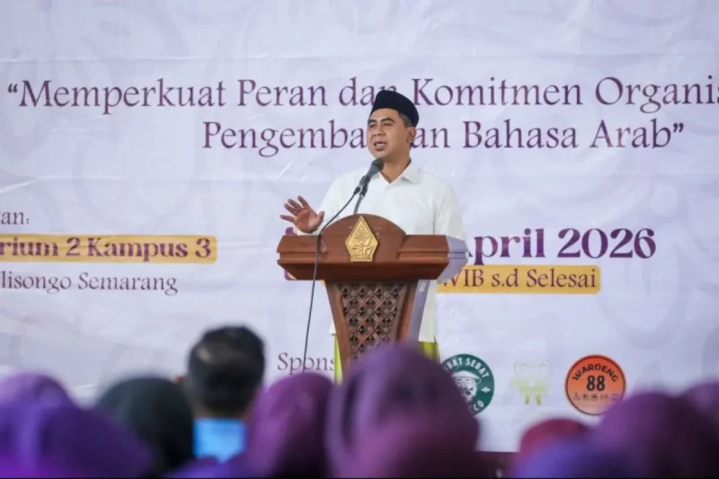 Wakil Gubernur Jawa Tengah Taj Yasin Maimoen saat Pelantikan Serentak dan Rakernas Dewan Pimpinan Persatuan Mahasiswa Bahasa Arab se-Indonesia atau  Ittihadu Tholabah Al-Lughah Al-Arabiyah bi Indonesia (Ithla) di kampus  Universitas Islam Negeri (UIN) Walisongo Semarang, Jumat (3/4/2026). (Istimewa/Wawasannews)