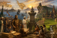 Ilustrasi proses interaksi budaya dan agama di Bali pada masa peralihan Majapahit ke era Islam. (Ilustrasi dibuat dengan AI)