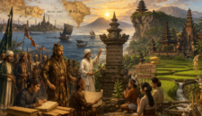 Ilustrasi proses interaksi budaya dan agama di Bali pada masa peralihan Majapahit ke era Islam. (Ilustrasi dibuat dengan AI)