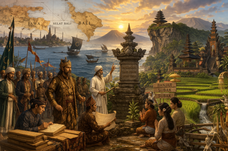 Ilustrasi proses interaksi budaya dan agama di Bali pada masa peralihan Majapahit ke era Islam. (Ilustrasi dibuat dengan AI)