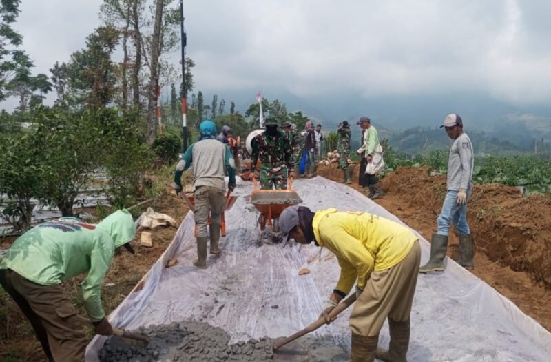 Personel TNI bersama warga bergotong royong mengerjakan pembangunan jalan dalam program TMMD Sengkuyung Tahap II Tahun 2026 di Desa Bringinsari, Kecamatan Sukorejo, Kabupaten Kendal. Foto : Wawasannews.com