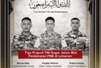 Potret tiga prajurit TNI yang gugur saat menjalankan misi perdamaian PBB di Lebanon, yakni Sersan Satu Muhammad Nur Ichwan, Kapten Infantri Zulmi Aditya Iskandar, dan Prajurit Kepala Farizal Rhomadhon. Foto : Wawasannews.com