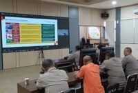 Sejumlah personel Polres Kendal mengikuti rapat koordinasi daring dengan menyimak paparan materi terkait mitigasi kebakaran hutan dan lahan (karhutla) di Aula Tribrata Polres Kendal, Selasa (14/4/2026). Foto : Wawasannews.com