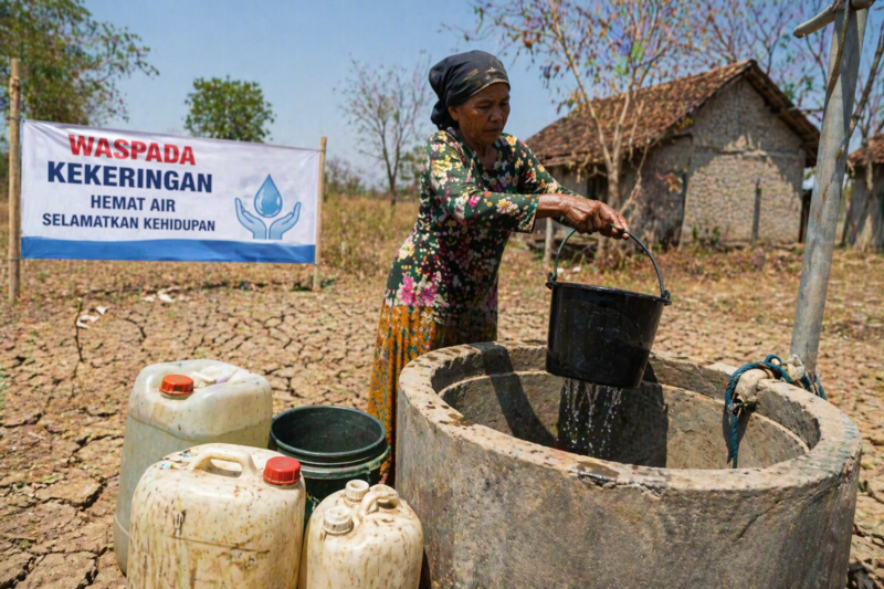 Foto ilustrasi seorang nenek sedang mengambil air dari sumur di tengah kondisi tanah yang mulai mengering, sebagai dampak musim kemarau yang mulai terasa. Wawasannews.com