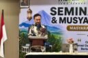 Ketua Umum PW Masyarakat Ekonomi Syariah (MES) Jawa Tengah terpilih, Rezza Arief Budy Artha, menyampaikan sambutan dalam Seminar Nasional dan Musyawarah Wilayah (Muswil) Ke-V PW MES Jawa Tengah di MG Setos Hotel Semarang. (Istimewa/Wawasannews).