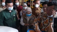 Anggota Komisi B DPRD Kendal, Suwardi (kanan), menunjukkan kualitas jagung program Stabilisasi Pasokan dan Harga Pangan (SPHP) saat penyaluran subsidi jagung bagi peternak unggas di gudang Bulog. (Istimewa/Wawasannews).