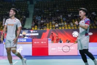 Pebulu tangkis ganda putra Indonesia Leo Rolly Carnando/Daniel Marthin saat tampil pada perempat final Thailand Open 2026 melawan wakil tuan rumah Peeratchai Sukphun/Pakkapon Teeraratsakul di Stadion Namibutr, Bangkok, Jumat (15/5/2026). (Istimewa/Wawasannews).