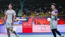 Pebulu tangkis ganda putra Indonesia Leo Rolly Carnando/Daniel Marthin saat tampil pada perempat final Thailand Open 2026 melawan wakil tuan rumah Peeratchai Sukphun/Pakkapon Teeraratsakul di Stadion Namibutr, Bangkok, Jumat (15/5/2026). (Istimewa/Wawasannews).