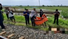 Petugas kepolisian bersama tim medis melakukan evakuasi terhadap korban pria tanpa identitas yang meninggal dunia usai tertabrak kereta api kargo di jalur rel Desa Sudipayung, Kecamatan Ngampel, Kabupaten Kendal, Minggu (17/5/2026). (Istimewa/Wawasannews).