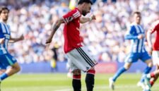 Pemain gelandang Manchester United Bruno Fernandes saat menghadapi Brighton & Hove Albion dalam laga Liga Inggris, (24/05/2026). (Istimewa/Wawasannews)